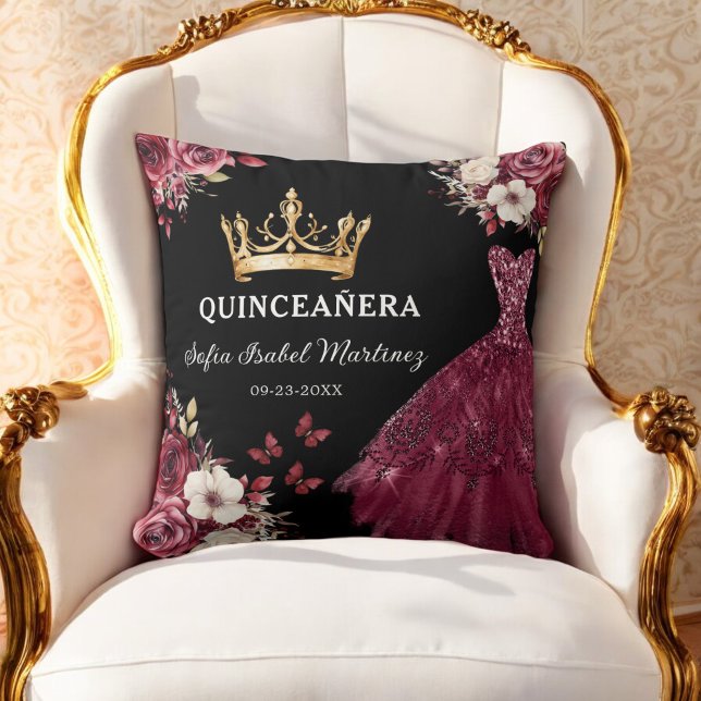 Floral Burgundy Princess Quinceanera Birthday Throw Pillow (Creator Uploaded)