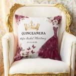 Floral Burgundy Princess Quinceanera Birthday Throw Pillow<br><div class="desc">The Floral Burgundy Princess Quinceañera Birthday Throw Pillow adds a touch of elegance to your celebration. Featuring a rich burgundy background with delicate floral accents, this pillow perfectly complements a princess-themed quinceañera. Personalized with your name or event details, it's a beautiful keepsake that enhances any seating area or decor. Made...</div>