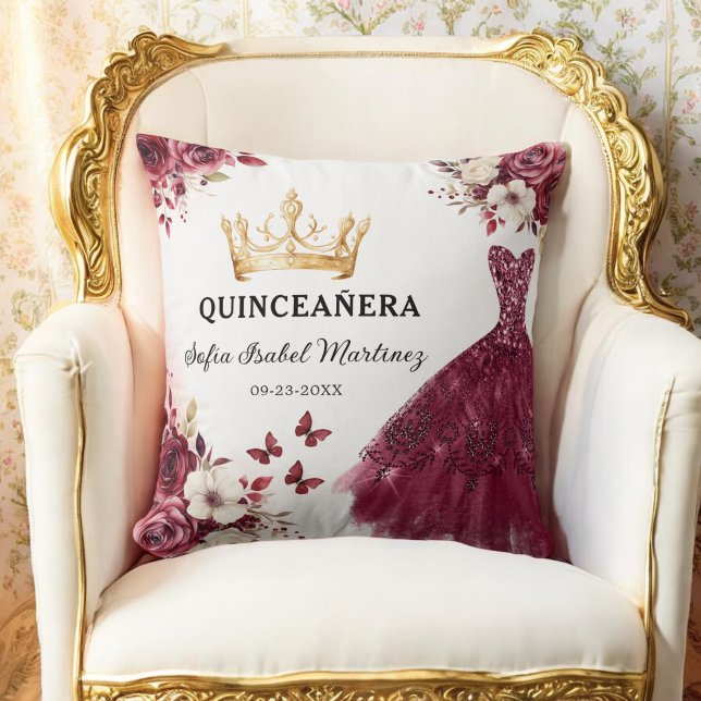 Floral Burgundy Princess Quinceanera Birthday Throw Pillow (Creator Uploaded)