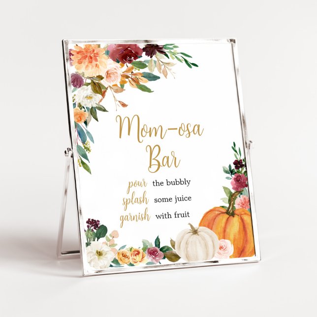 Floral Burgundy Pumpkin Baby Shower Mom Osa Bar Poster (Pumpkin Baby Shower Mom Osa Bar Sign)
