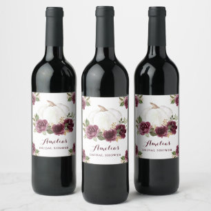 Floral Burgundy Pumpkin Fall Bridal Shower Wine Label