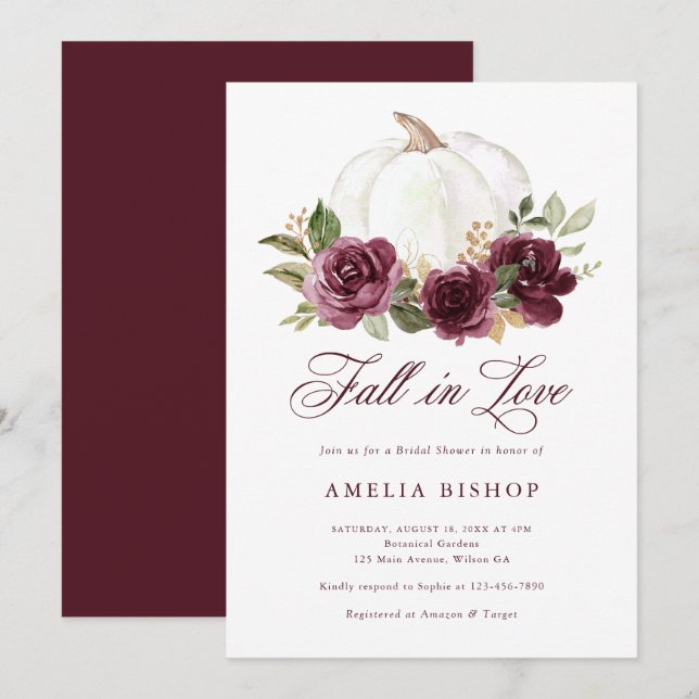 Floral Burgundy Pumpkin Fall in Love Bridal Shower Invitation (Front/Back)