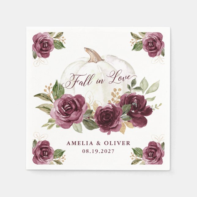 Floral Burgundy Pumpkin Fall in Love Wedding Napkin (Front)