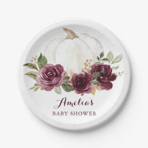 Floral Burgundy Pumpkin Marsala Baby Shower Fall Paper Plate