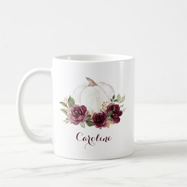 Floral Burgundy Pumpkin Personalized Mug (Left)