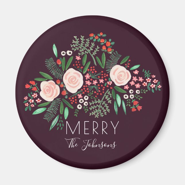 Floral Burgundy Red Christmas Holiday  Magnet (Front)