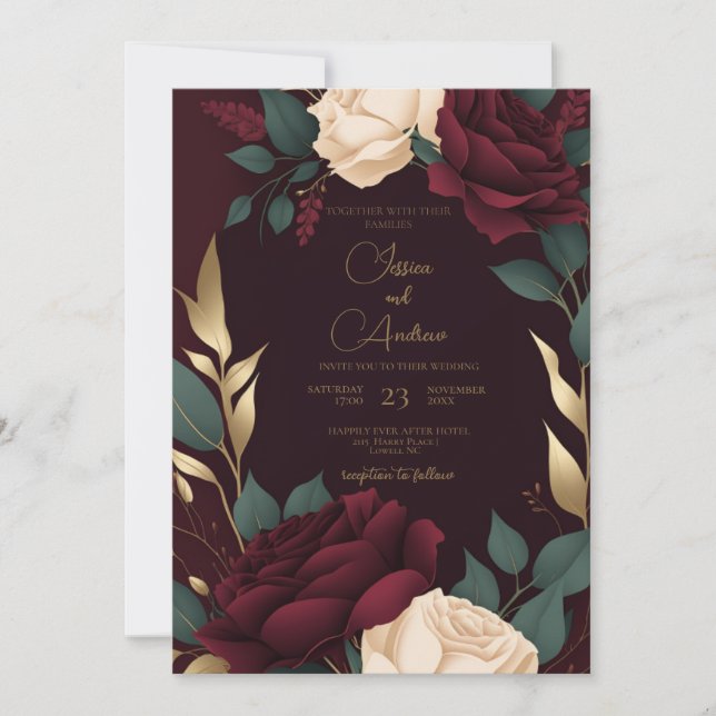 Floral Burgundy Red Cream Roses Luxury Weding Invitation (Front)