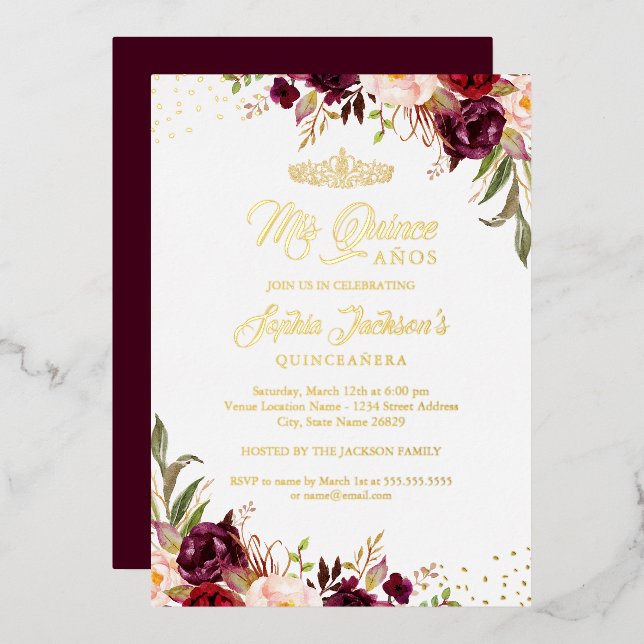 Floral Burgundy Red Gold Quinceanera (Front/Back)