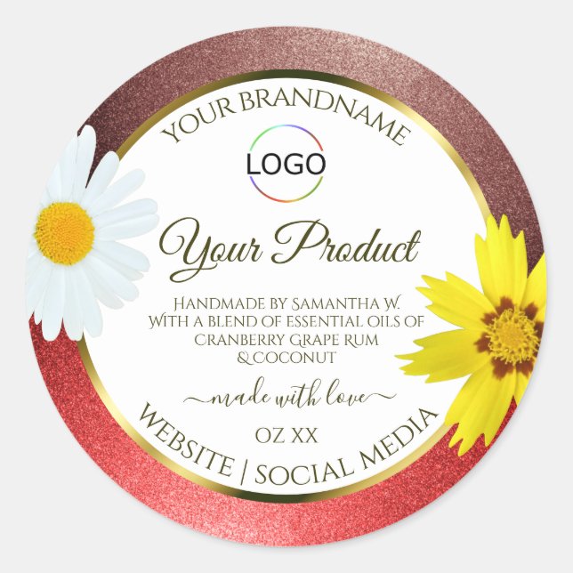Floral Burgundy Red White Product Labels with Logo (Front)