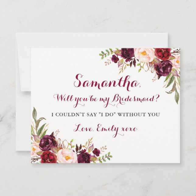 Floral Burgundy Red Will You Be My Bridesmaid Card (Front)
