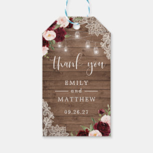 Floral Burgundy Rustic Wood Lace String Lights Gift Tags