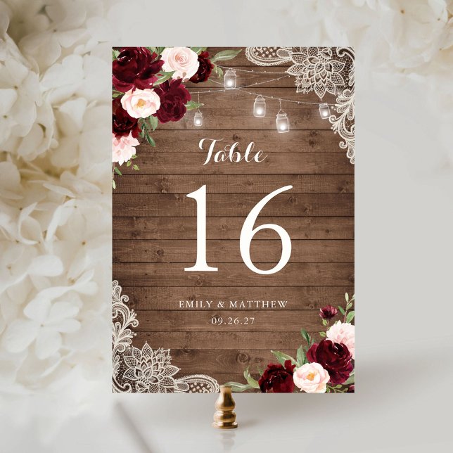 Floral Burgundy Rustic Wood Lace String Lights Table Number (Creator Uploaded)