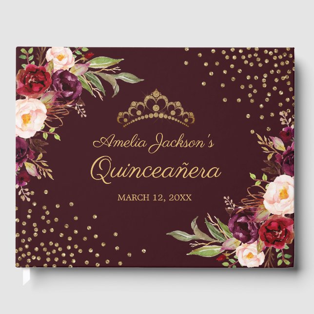 Floral Burgundy Sparkle Quinceanera Guest Book (Front)
