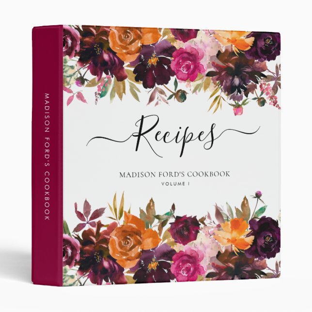 Floral Burgundy Terracotta Purple Kitchen Recipe Binder (Front/Spine)