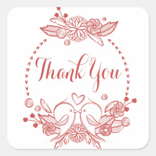 Floral Burgundy Thank You Red Lovebirds Wreath Square Sticker
