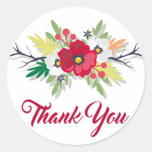 Floral Burgundy Thank You Watercolor Red Flowers Classic Round Sticker