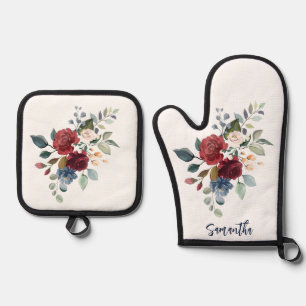 Floral Burgundy Watercolor Script Personalized Oven Mitt & Pot Holder Set