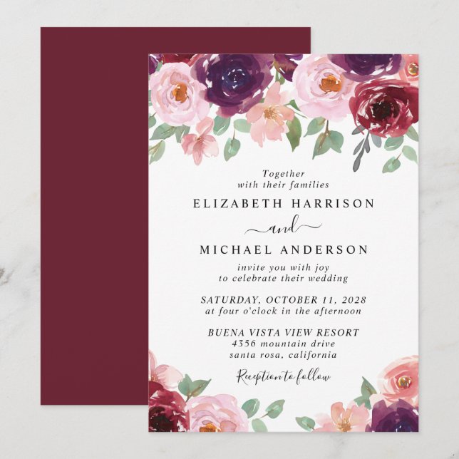 Floral Burgundy Watercolor Wedding Invitation (Front/Back)