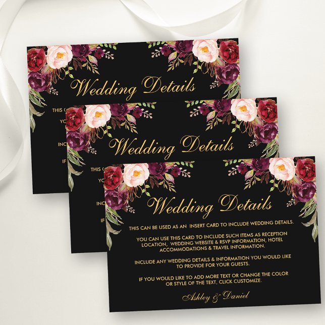 Floral Burgundy Wedding Details Black Insert Card (Customize to change text color, text style, background color or add text & photos to back of card.)