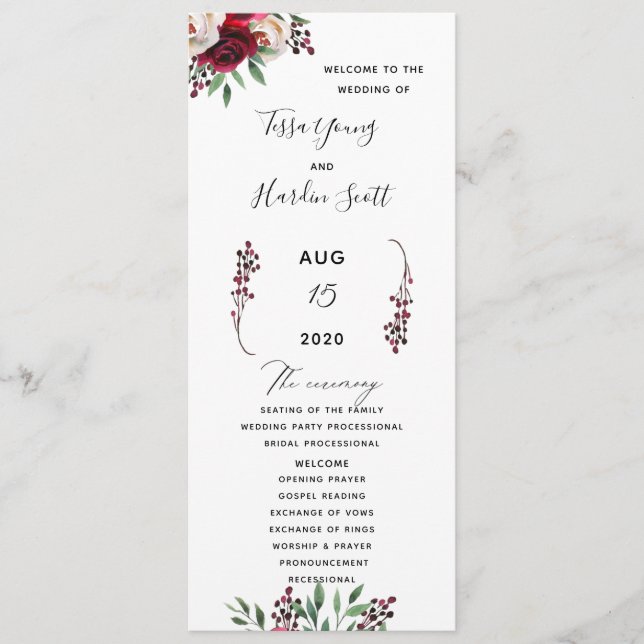 Floral Burgundy Wedding Flat Program (Front)