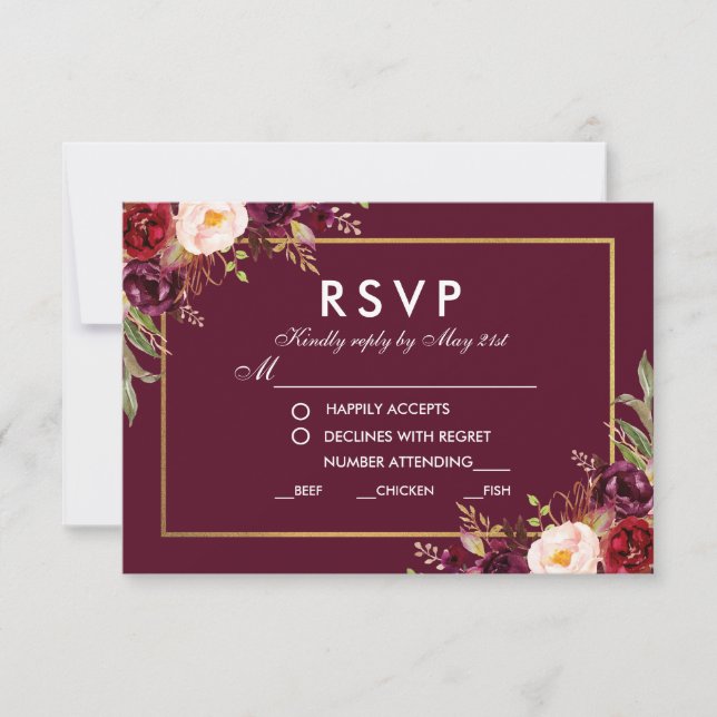 Floral Burgundy Wedding Meal RSVP BG Meal Invitation (Front)