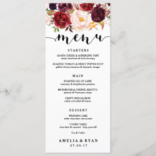 Floral Burgundy Wedding Menu Card