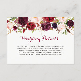 Floral Burgundy Wedding Reception Details Enclosure Card