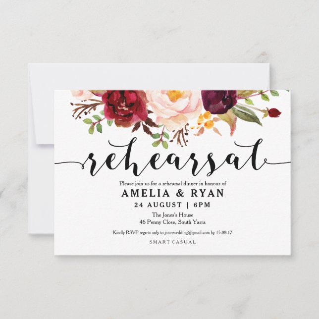 Floral Burgundy Wedding Rehearsal Invitations (Front)
