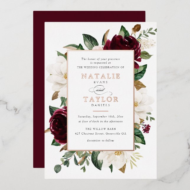 Floral Burgundy White Elegant Frame Rose Gold (Front/Back)
