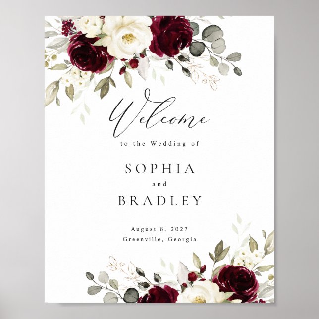 Floral Burgundy White Gold Mariage Affiche de bien (Devant)