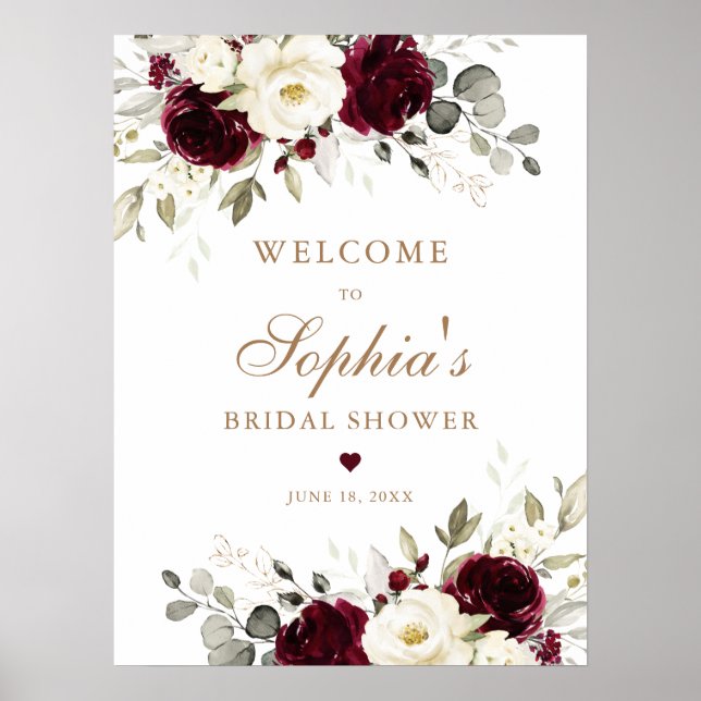 Floral Burgundy White Greenery Gold Bridal Shower Poster (Front)