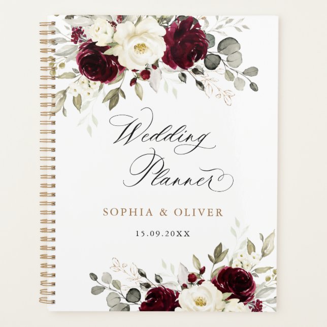 Floral Burgundy White Greenery Gold Wedding  Planner (Front)
