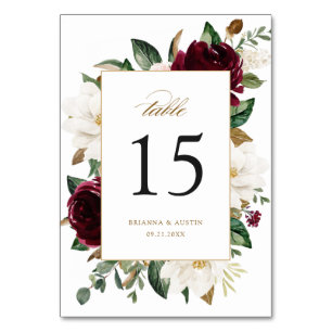 Floral Burgundy White Magnolia Gold Elegant Table Number