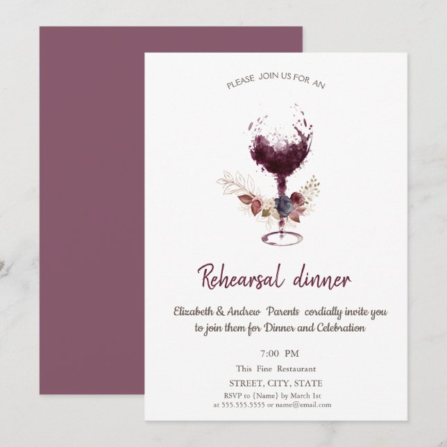  Floral Burgundy Wine Glass Rehearsal Dinner Invitation (Front/Back)