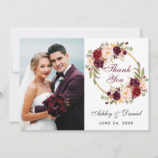 Floral Burgundy Wreath Mariage photo Merci Card (Devant)