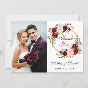 Floral Burgundy Wreath Mariage photo Merci Card