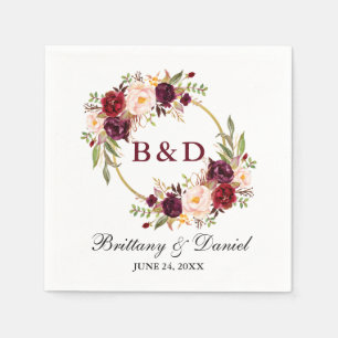 Floral Burgundy Wreath Monogram Wedding Napkin