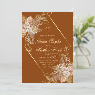 Floral Burn Orange Boho Rustic Wedding Invitation