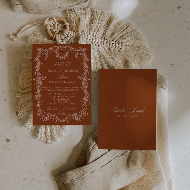 Floral Burnt Orange Monogram Boho Wedding Invitation (Creator Uploaded)