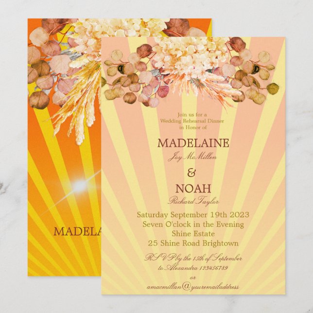 Floral Burnt Orange Sunray Wedding Rehearsal Invitation (Front/Back)