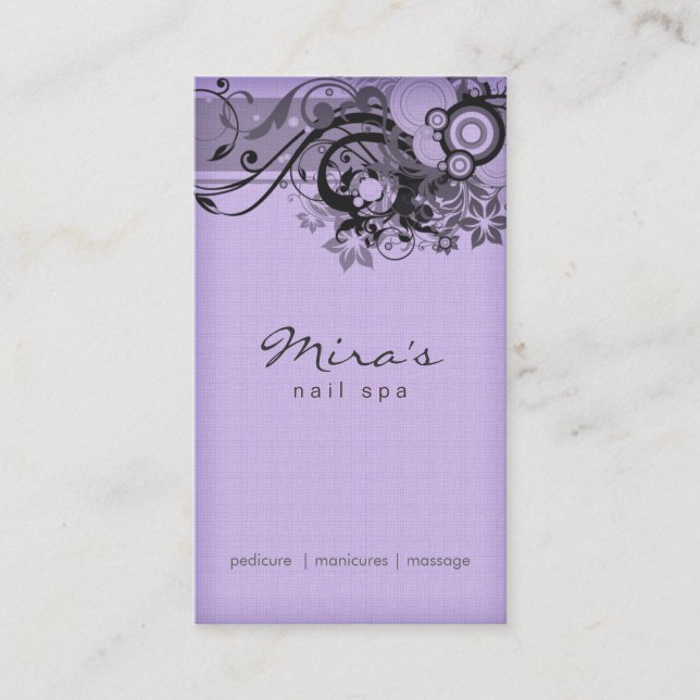 Floral Business Card Linen Black Purple (Front)