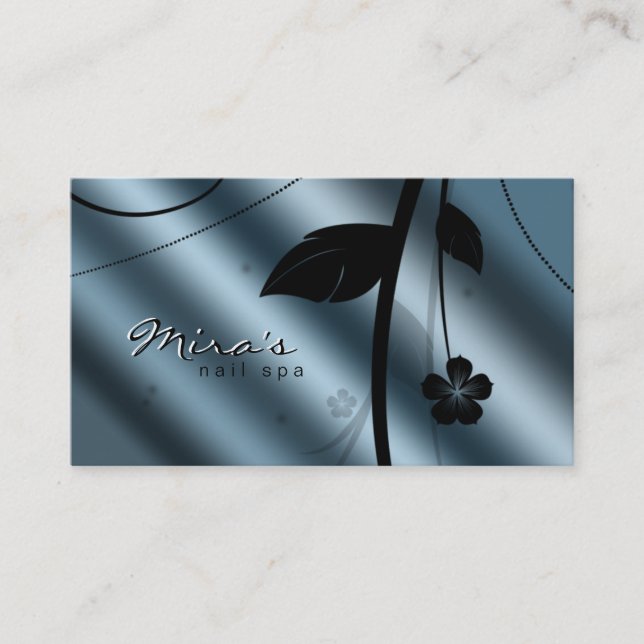 Floral Business Card Metallic Teal Blue Satin (Front)