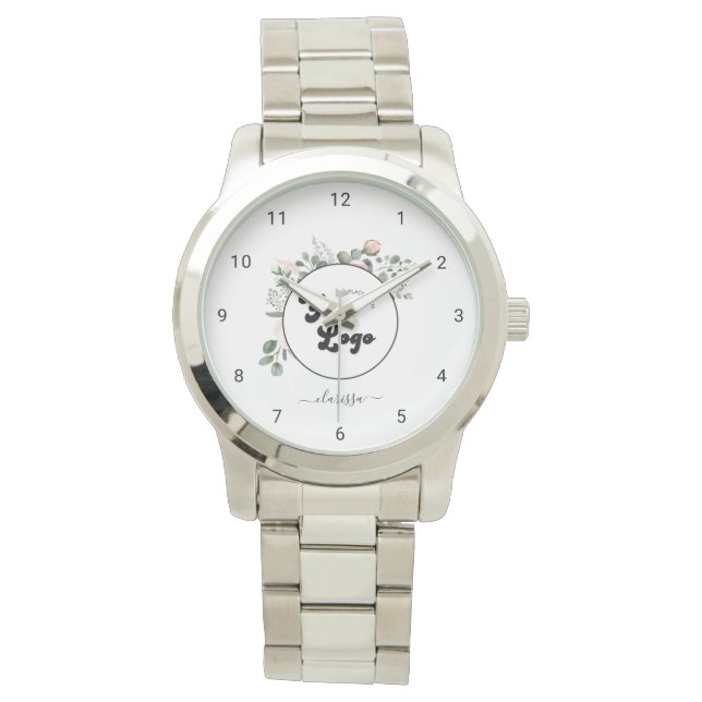 Floral Business Company Custom Logo & Name Girly Watch (Front)