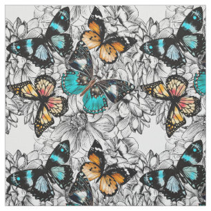 Floral Butterflies colourful sketch pattern Fabric