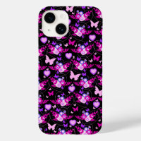 Floral butterflies & hearts pink black
