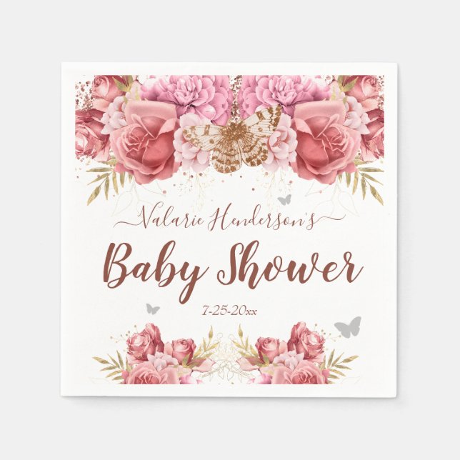 Floral Butterflies Pink Baby Shower Napkin (Front)