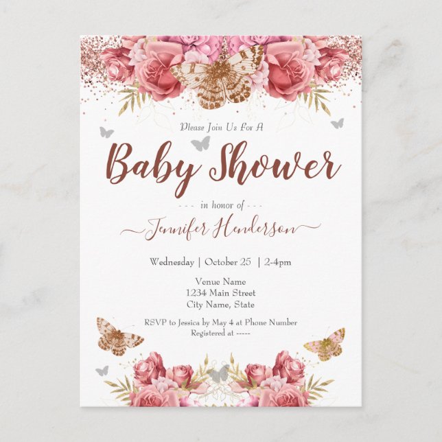 Floral Butterflies Pink Baby Shower Postcard (Front)