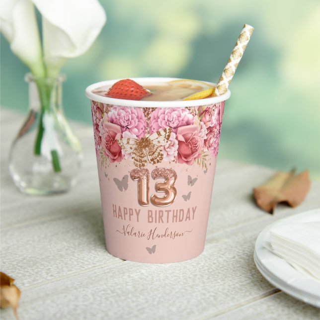 Floral Butterflies Pink Happy 13th Birthday Paper Cups (Insitu)