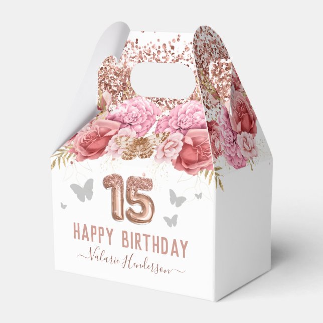 Floral Butterflies Pink Happy 15th Birthday Favour Favor Box (Front Side)