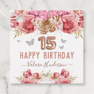Floral Butterflies Pink Happy 15th Birthday Favour Tags